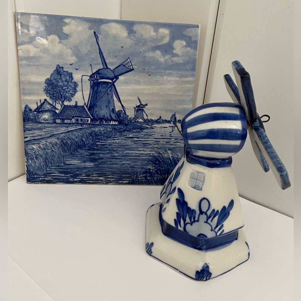Vintage Blue Delft TILE ART Dutch Landscape Windmill Figurine Nature ceramic LOT - Picture 3 of 16
